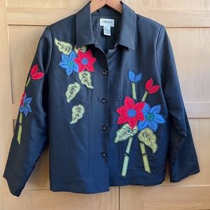 Graff Petite Vintage Black Silk Embroidered Floral Jacket Medium